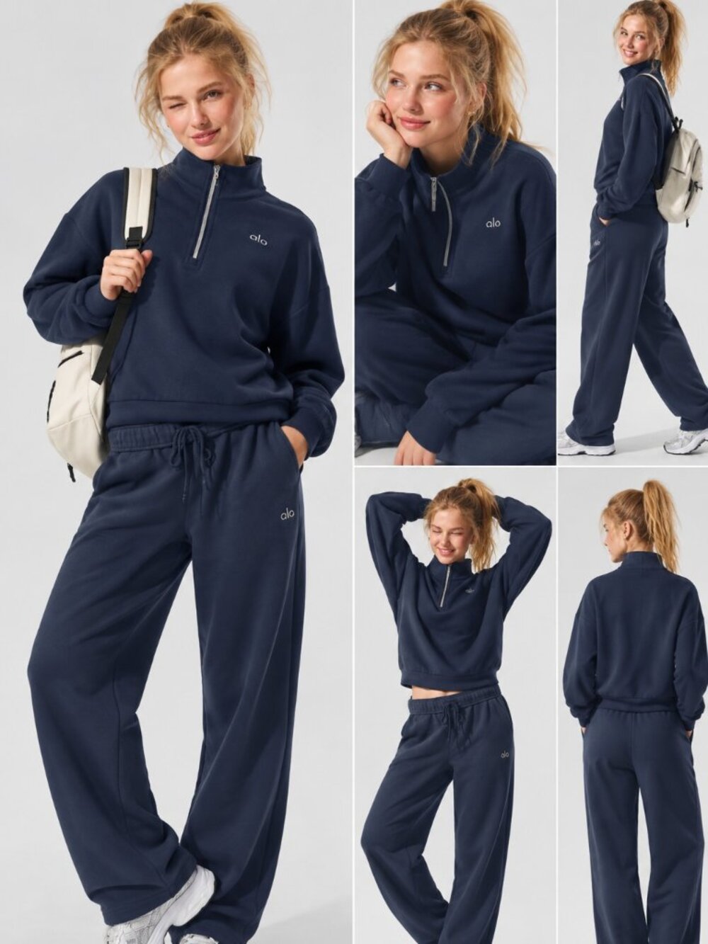 NWT Alo Yoga Navy Accolade 1/4 Zip & Straight Leg Sweatpant Set M 🎒✨